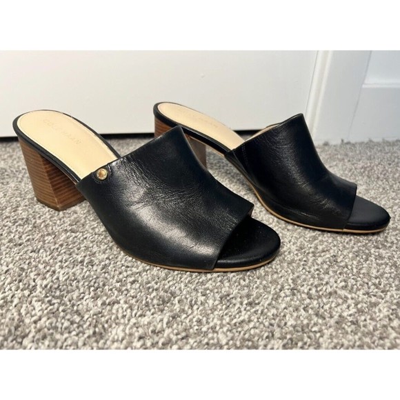 Cole Haan Daina Stacked Chunky Heel Mules Open Toes Leather Casual Modern Size 7 - Picture 1 of 12